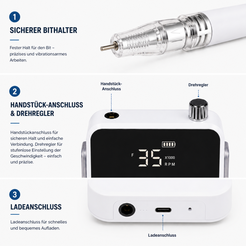 WITTEX Akku Nagelfräser 35.000 U/min – Kabellose Präzision für professionelle Maniküre, Pediküre und Nageldesign